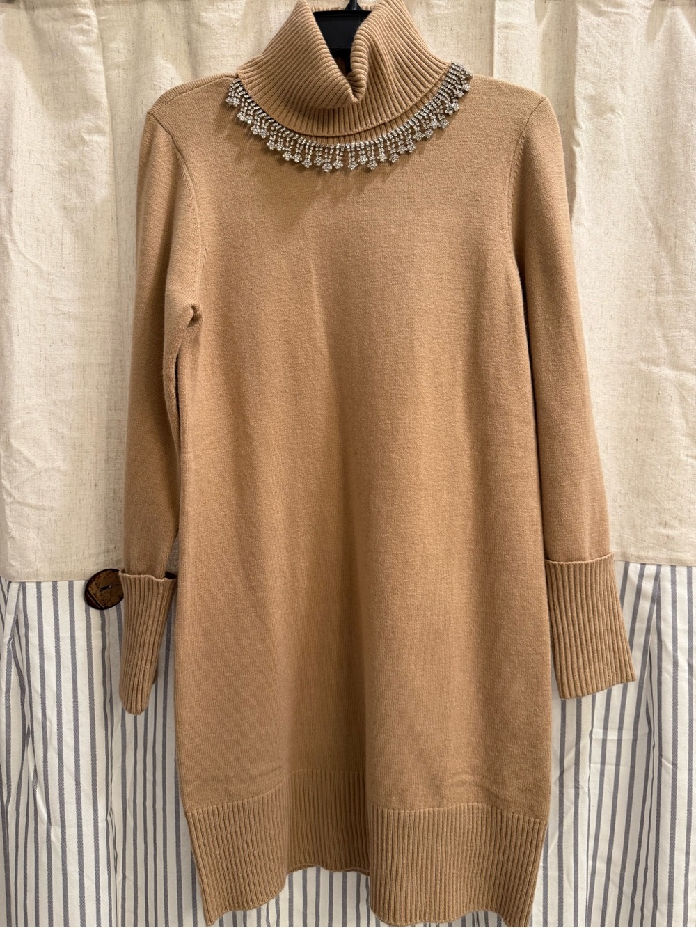 Boston Proper Rhinestone Embellished Camel Colored Turtleneck Sweater Dress